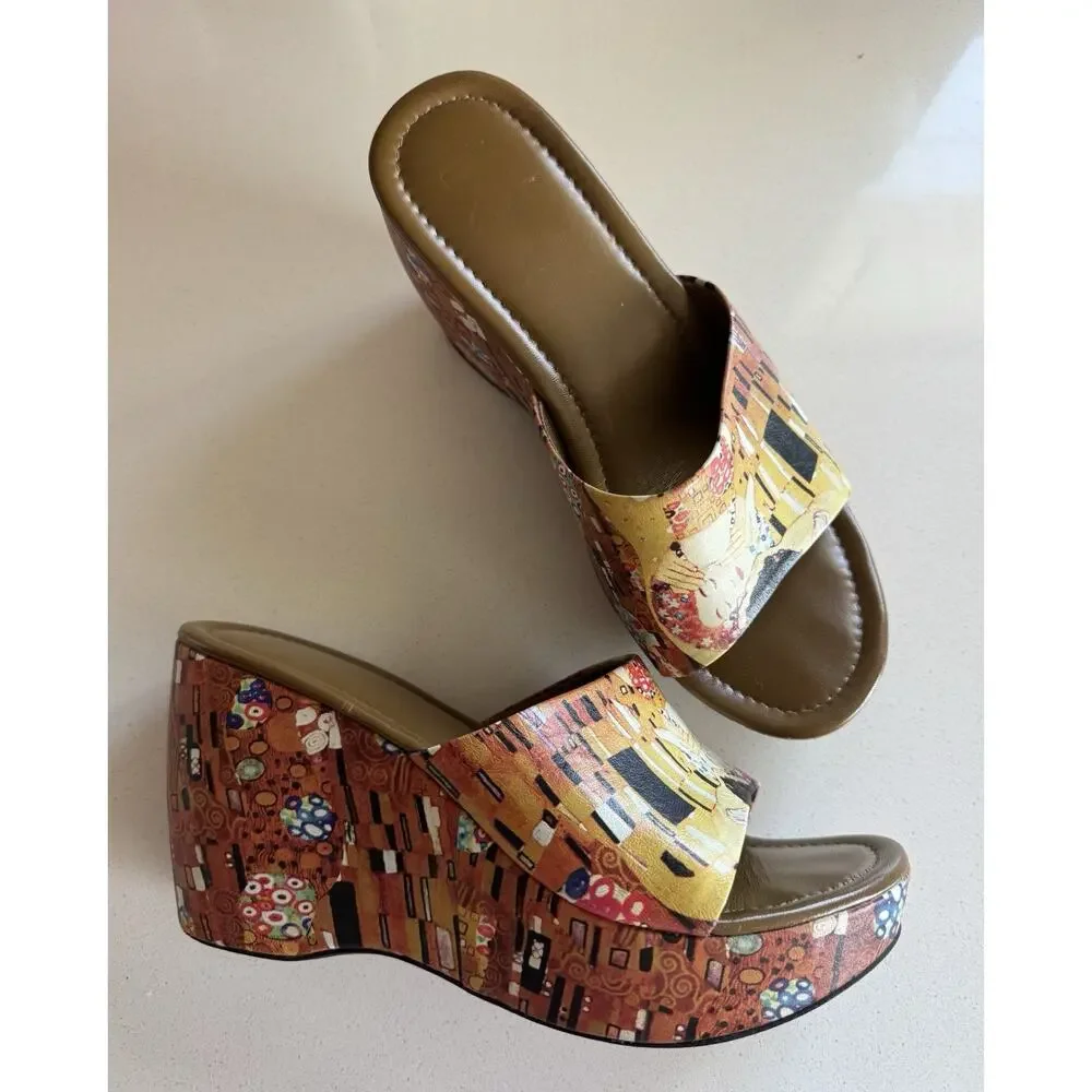 Vintage Icon Gustav Klimt The Kiss Wearable Art Platform Wedge Sandals 8.5 Italy